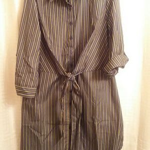 New denim shirt dress with mustard & olive stripes